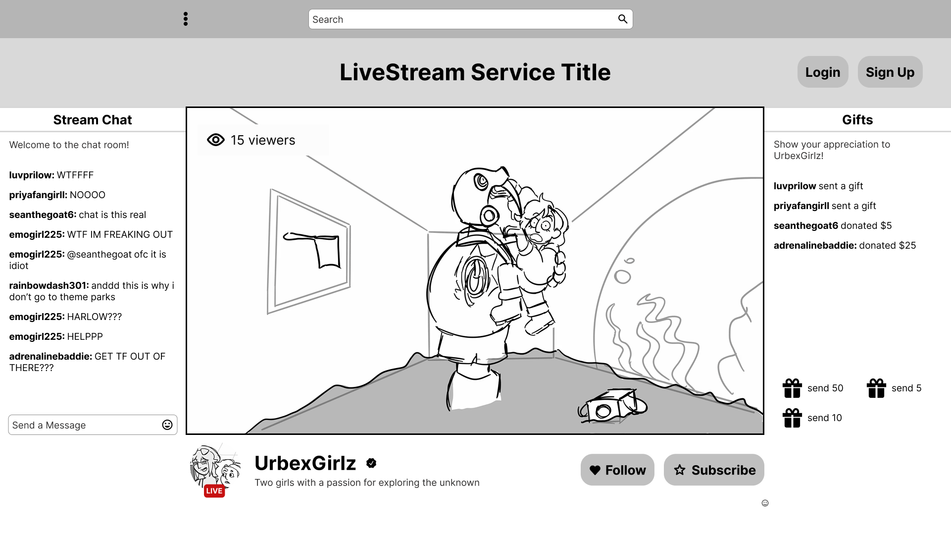 First lo-fi mockup — initial streaming layout concept